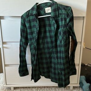 Green and black plaid button down with elbow patches